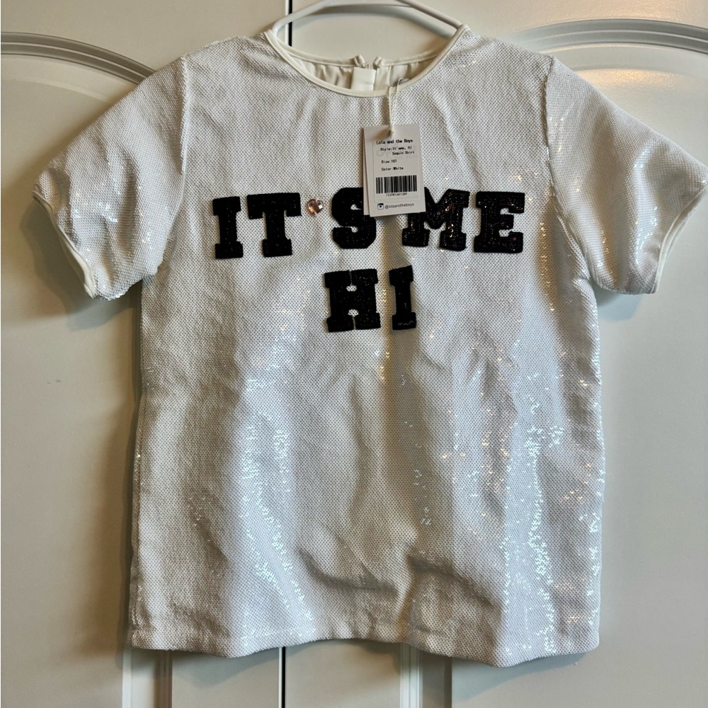 Lola + The Boys White Sequin Short Sleeve Tee with Black Lettering